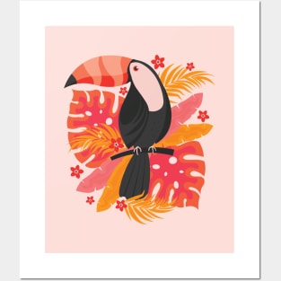 Toucan with Tropical Leaves and Flowers Posters and Art